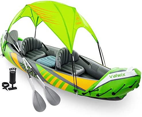 Valwix Kayak inflable para 2 personas para adultos con dosel solar, paletas, asientos y bomba, kayak para excursiones recreativas, kayak tándem portátil de 600 libras de capacidad